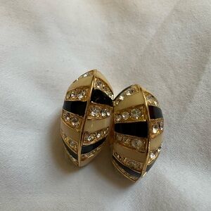 Vintage CINER Elegant Gold and Black Enamel Crystal Clip on Earrings